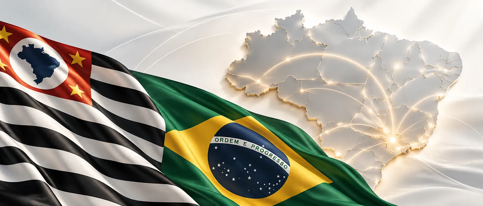 Banderas de São Paulo y de Brasil con el mapa de Brasil iluminado en São Paulo